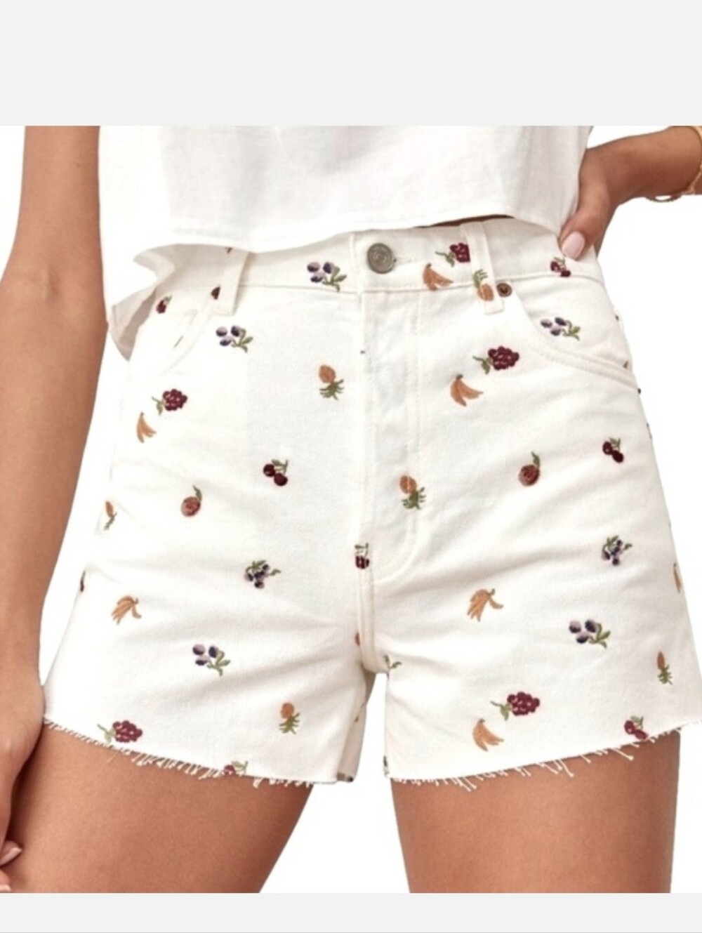Reformation Charlie Fruitloops High Rise Jean Shorts White Embroidered Denim 26